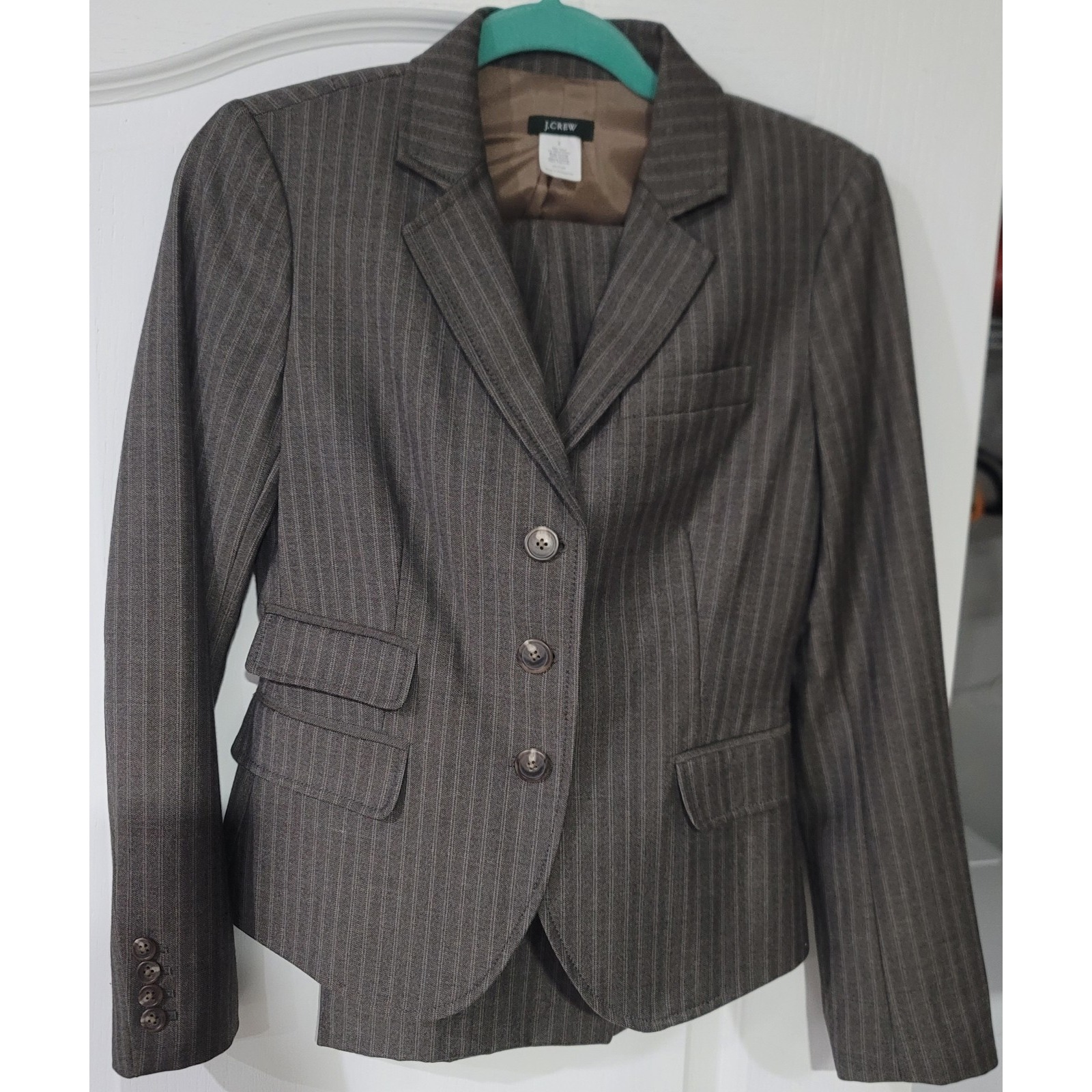J. Crew Women's Brown Pinstripe 3 Button Wool Pants Suit Size 2